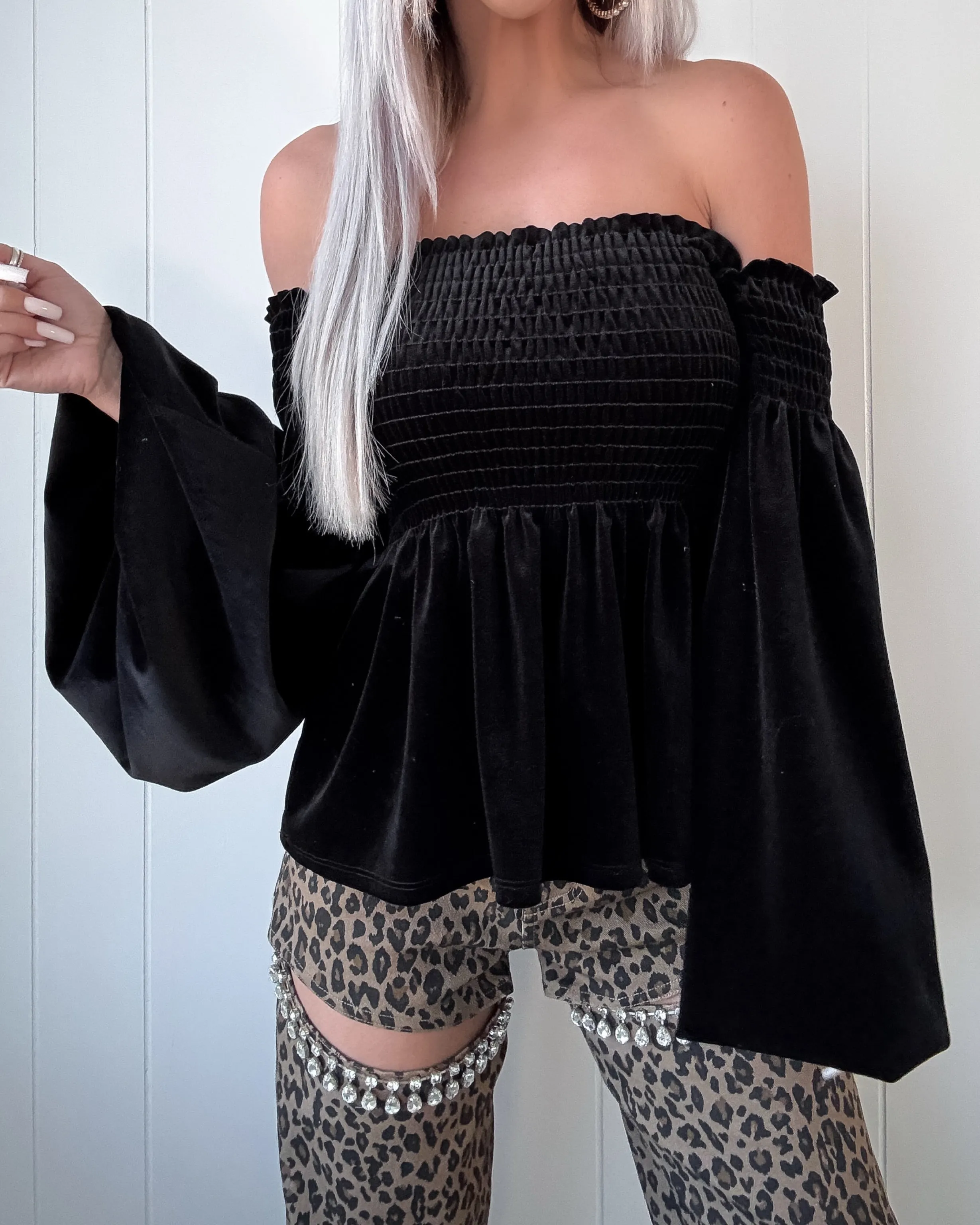 Smoke Show Velvet Puff Sleeve Smocked Top - Black