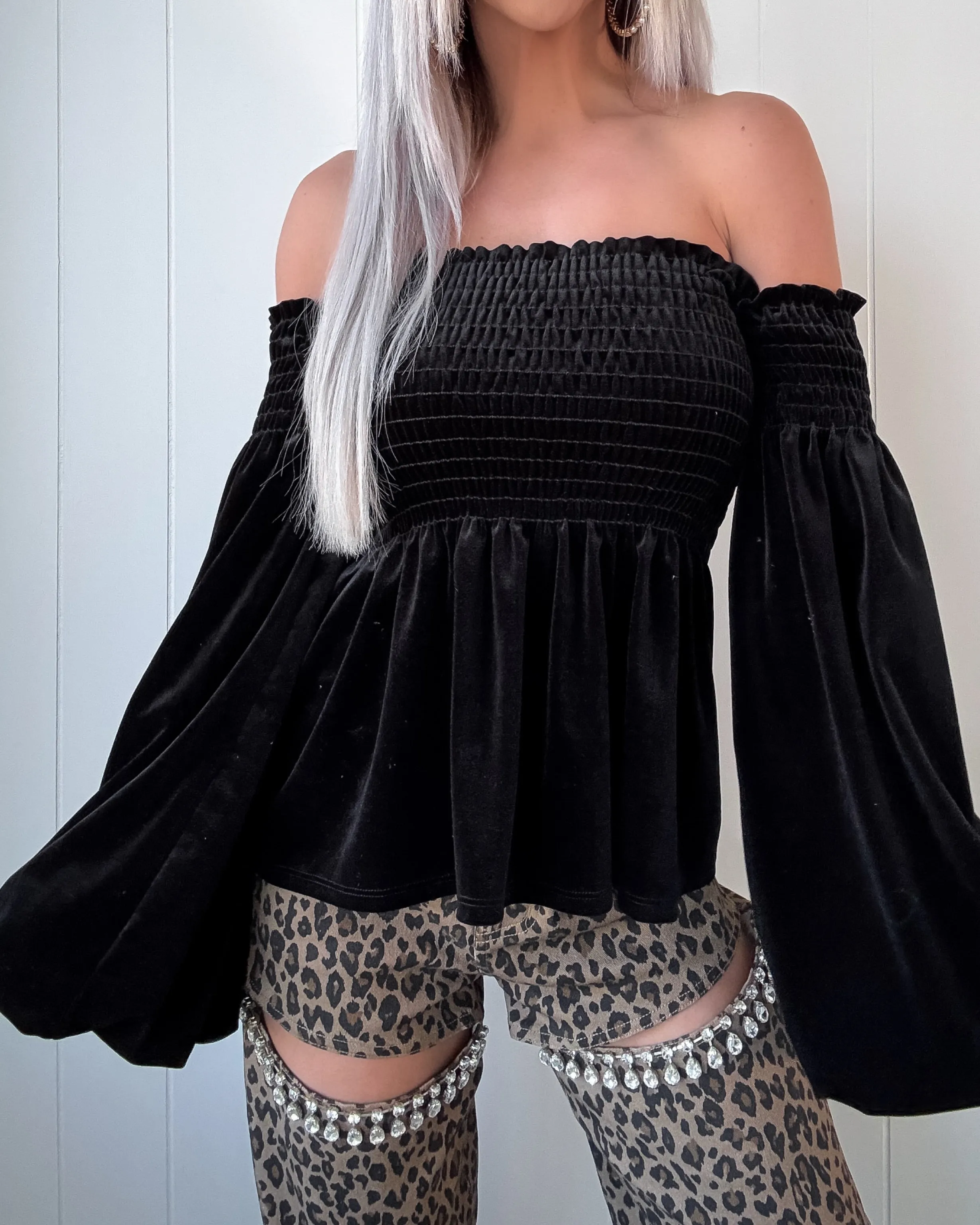Smoke Show Velvet Puff Sleeve Smocked Top - Black