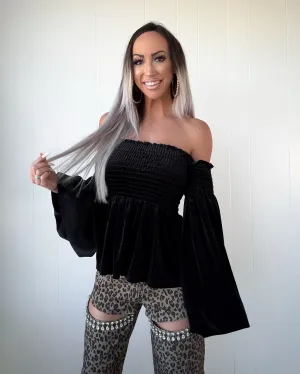 Smoke Show Velvet Puff Sleeve Smocked Top - Black