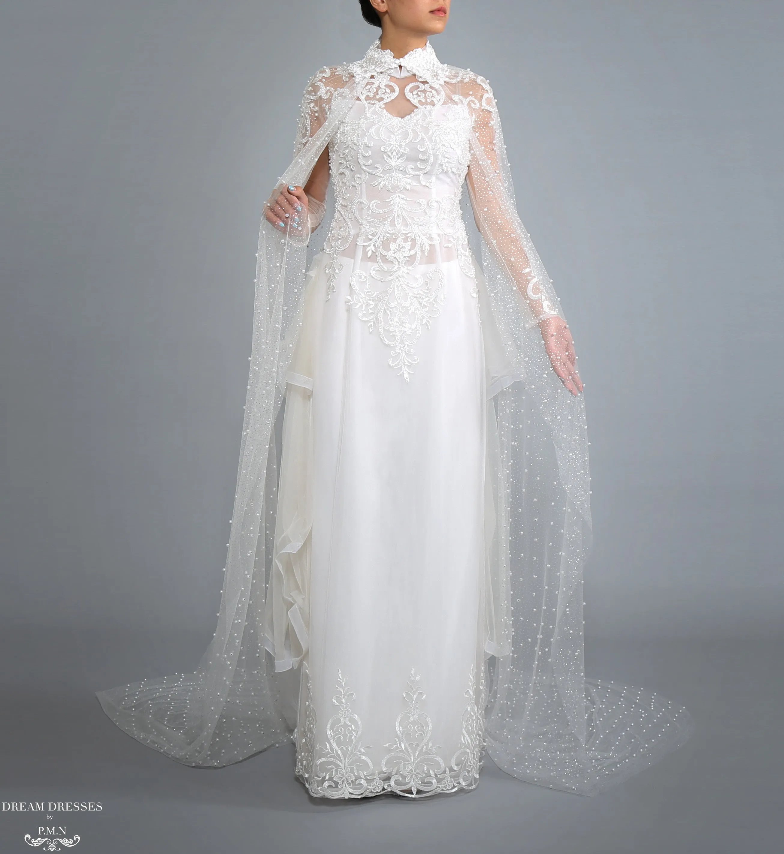 Sparkling Cathedral Pearl Bridal Cape (#AXELLI)