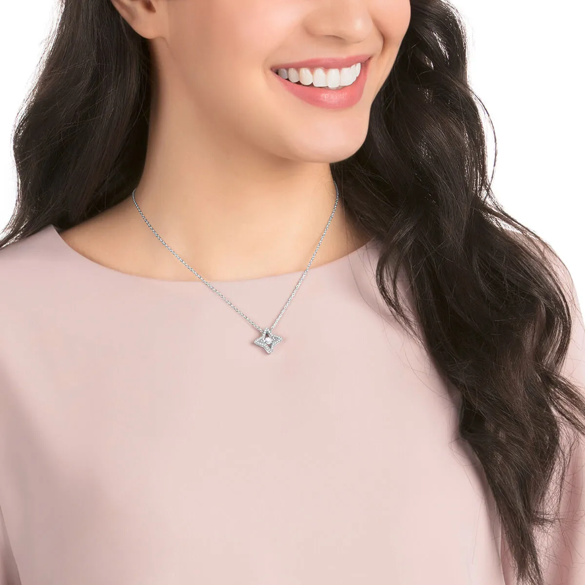 Sparkling Dance White Rhodium Plating Star Necklace 