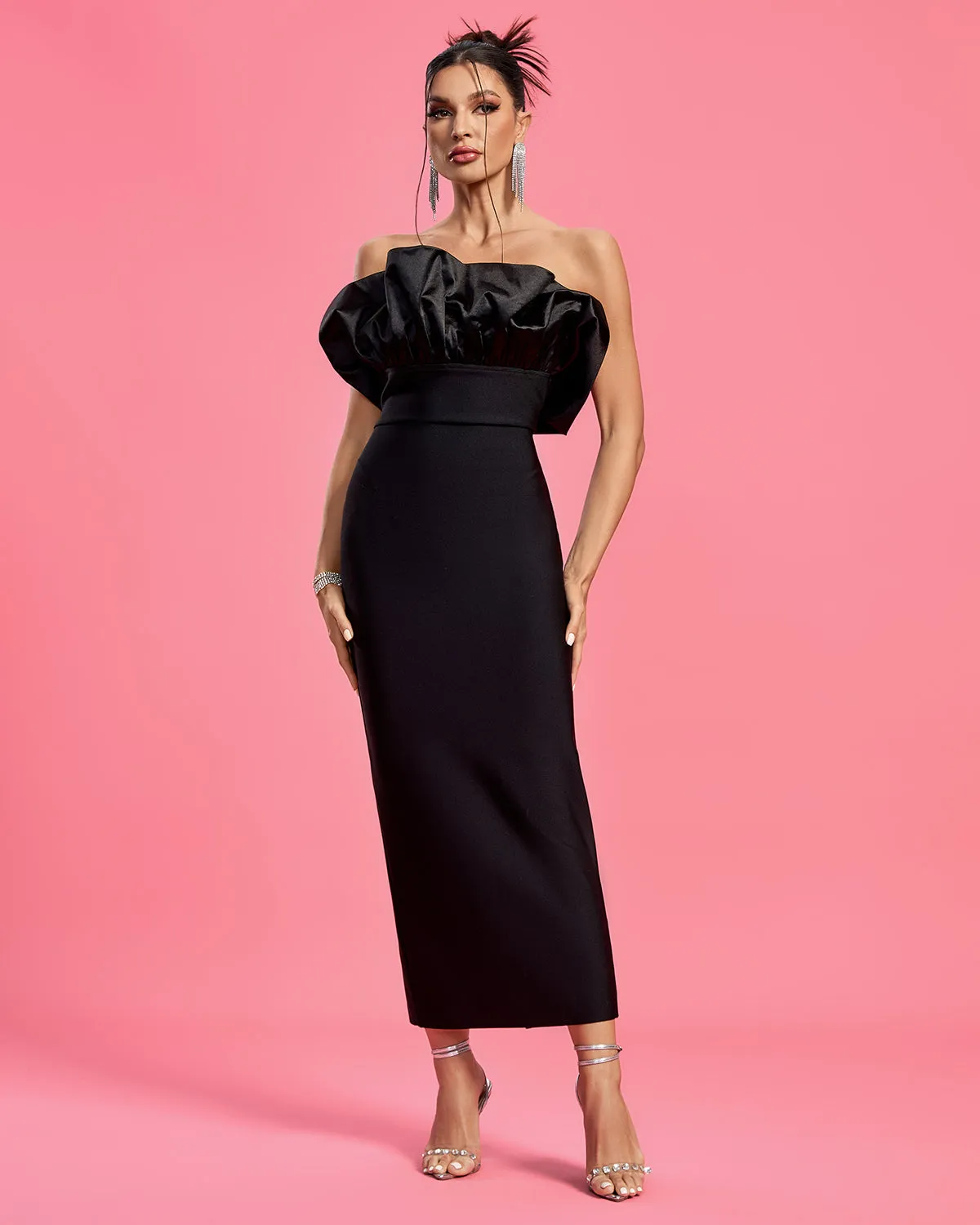 Strapless Satin&Bandage Long dress