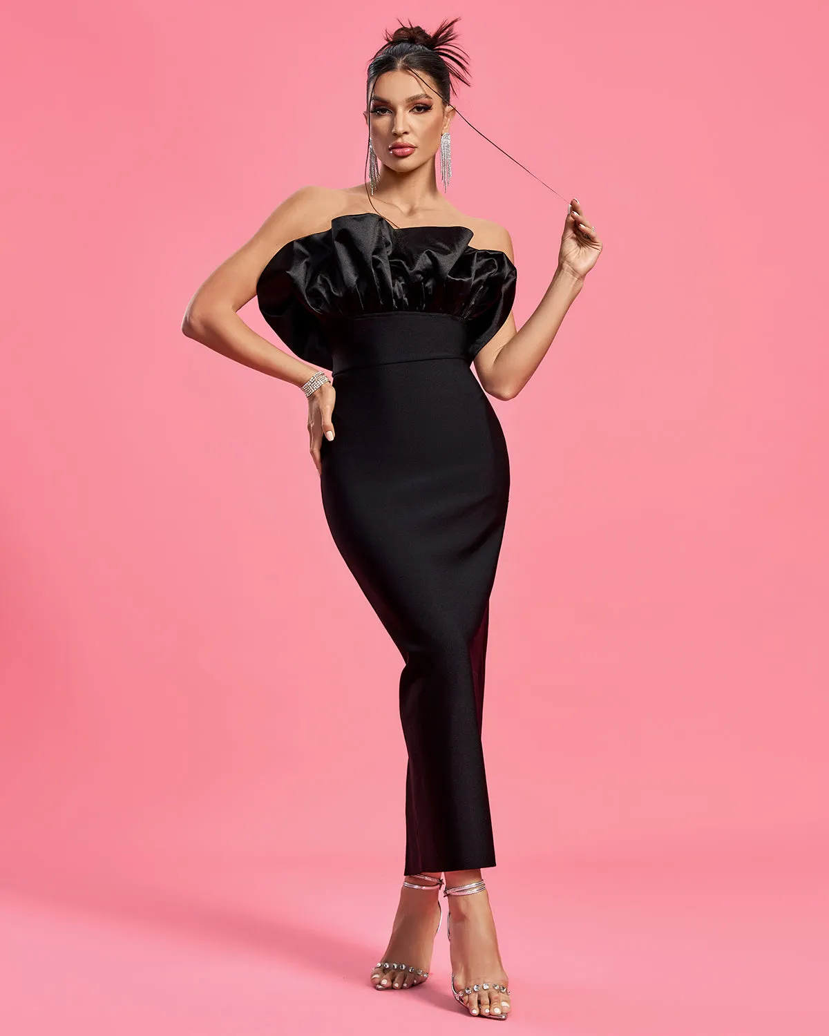 Strapless Satin&Bandage Long dress