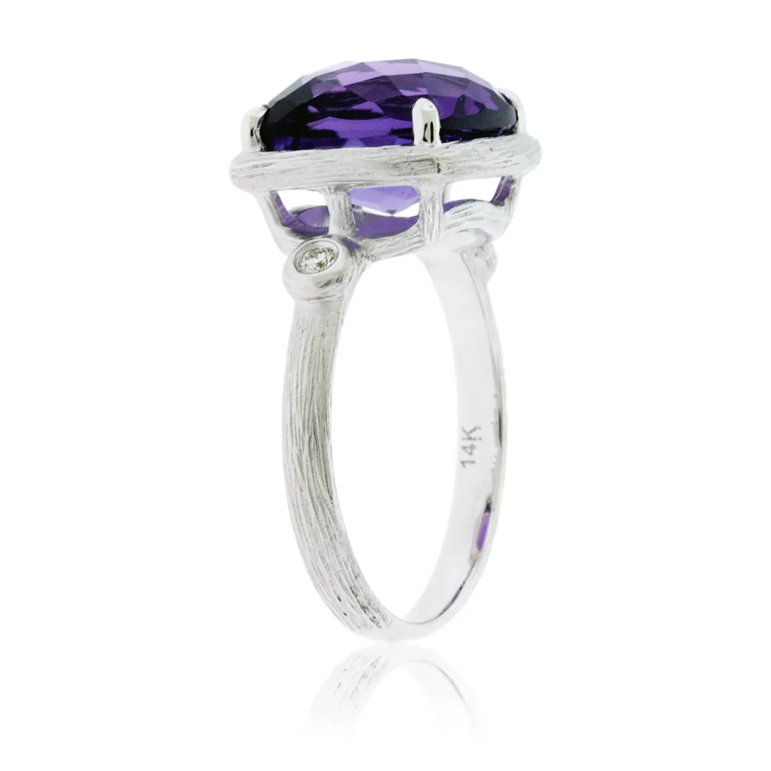 Textured White Gold and Checkerboard Amethyst Ring with Diamond Accents