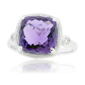 Textured White Gold and Checkerboard Amethyst Ring with Diamond Accents