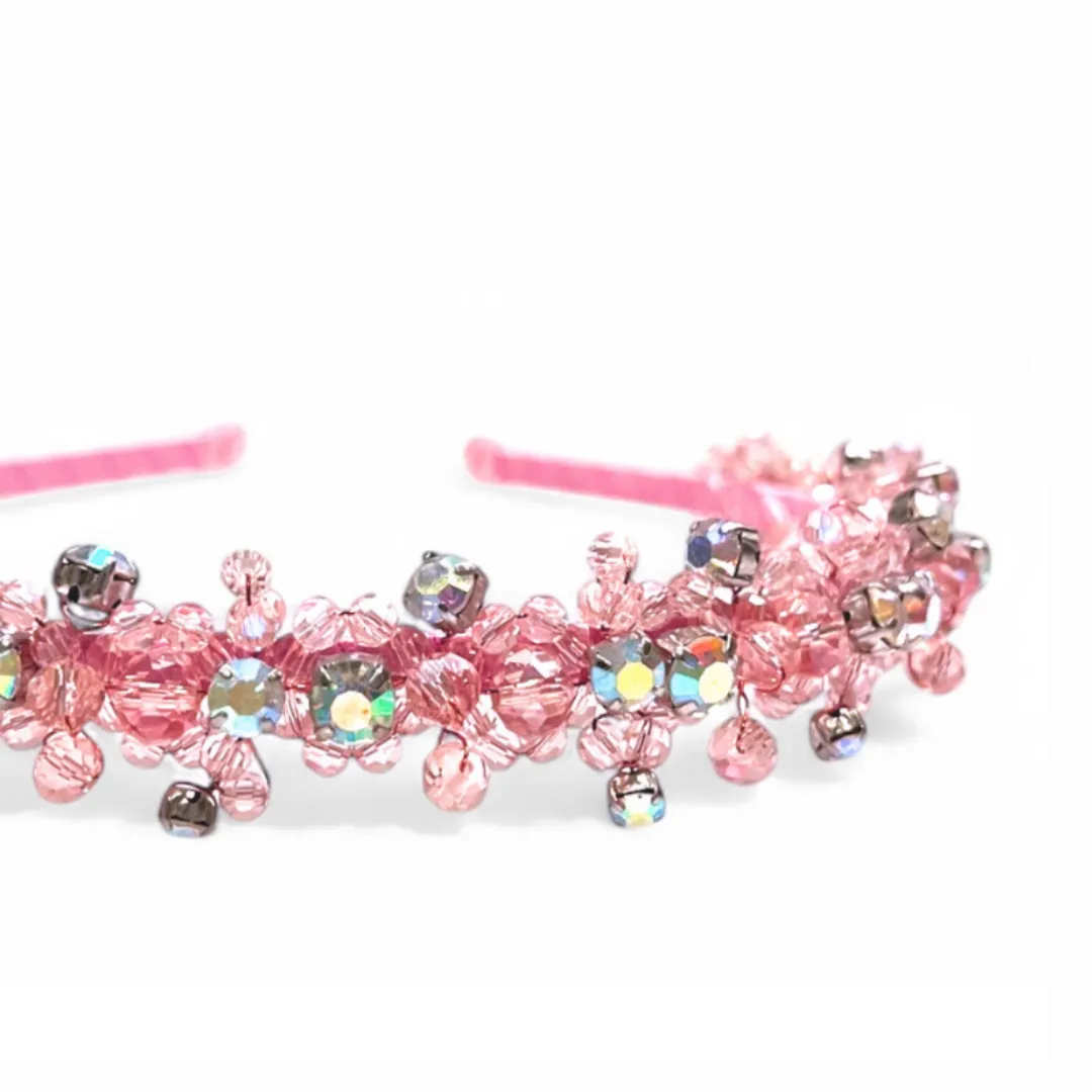 The Andrea Luxury Girls Pink Crystal Headband with Rainbow Rhinestones