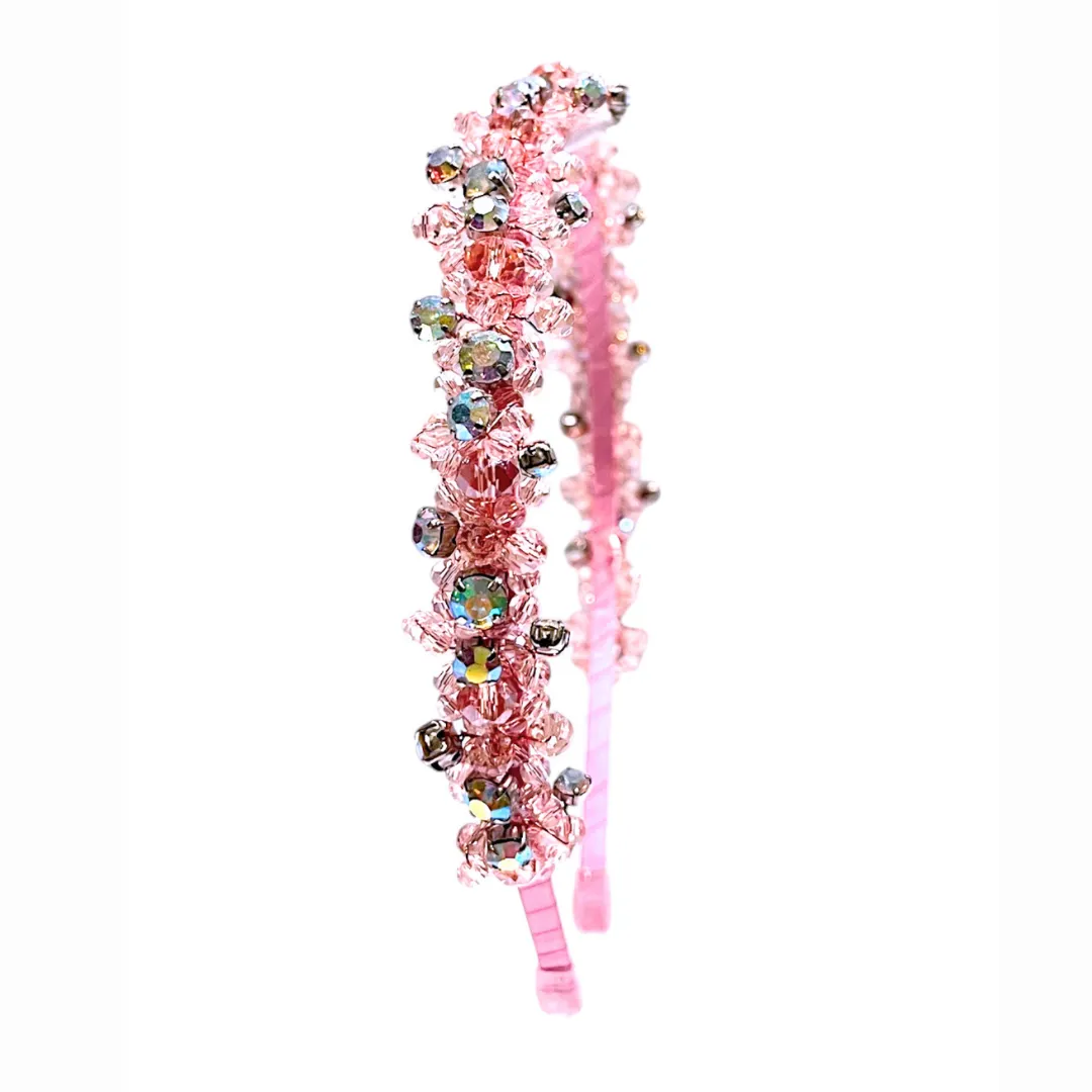 The Andrea Luxury Girls Pink Crystal Headband with Rainbow Rhinestones