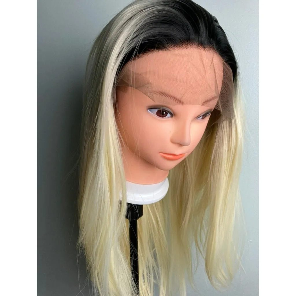 Trendy Blonde Hair With Black Roots -Lace Front Wig