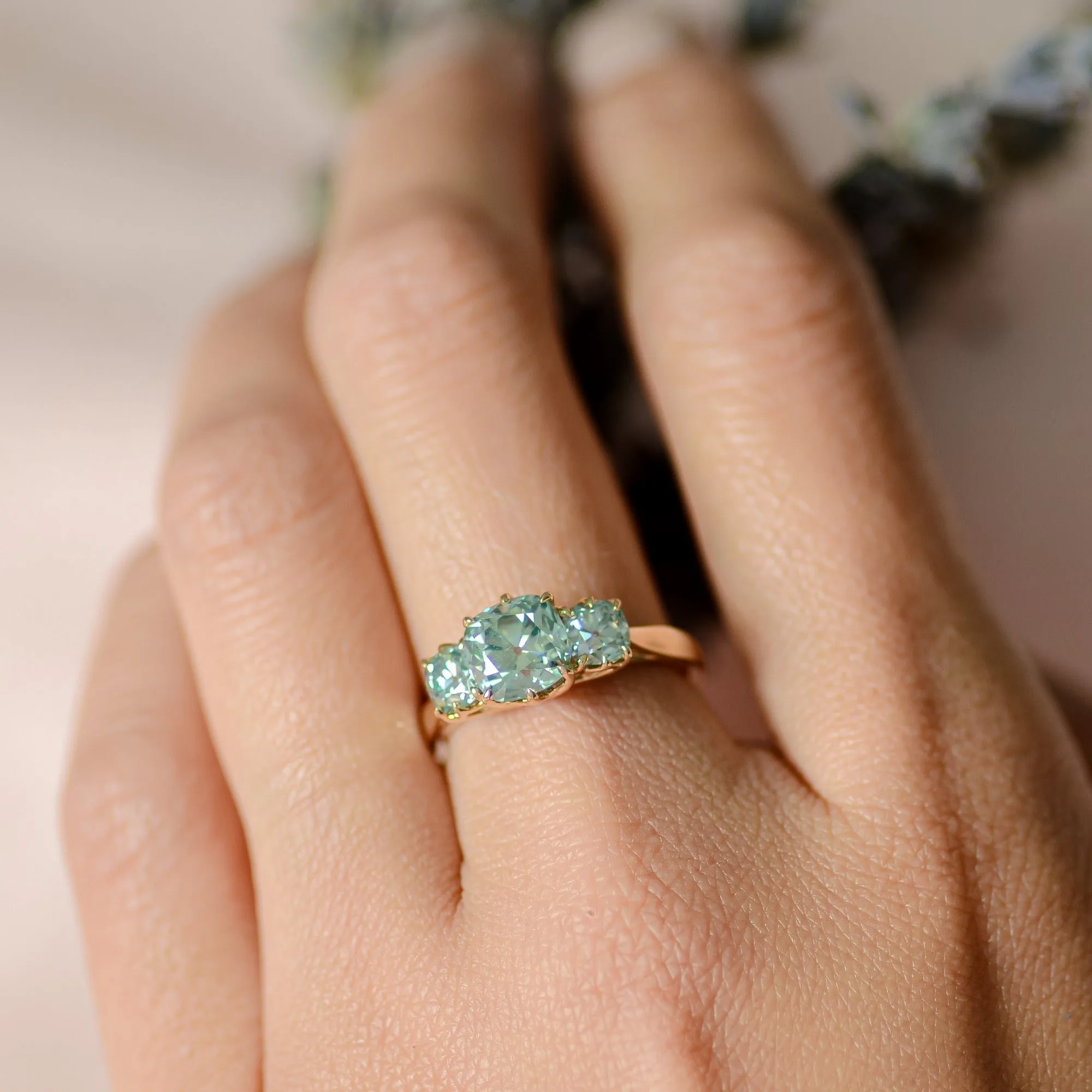Tressa Aqua | Ice Blue Three Stone OMC Moissanite Ring