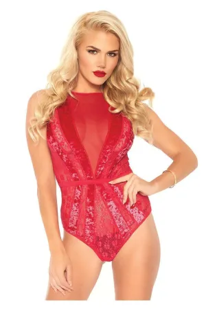 Velvet Floral Lace Starburst Teddy With Snap Crotch
