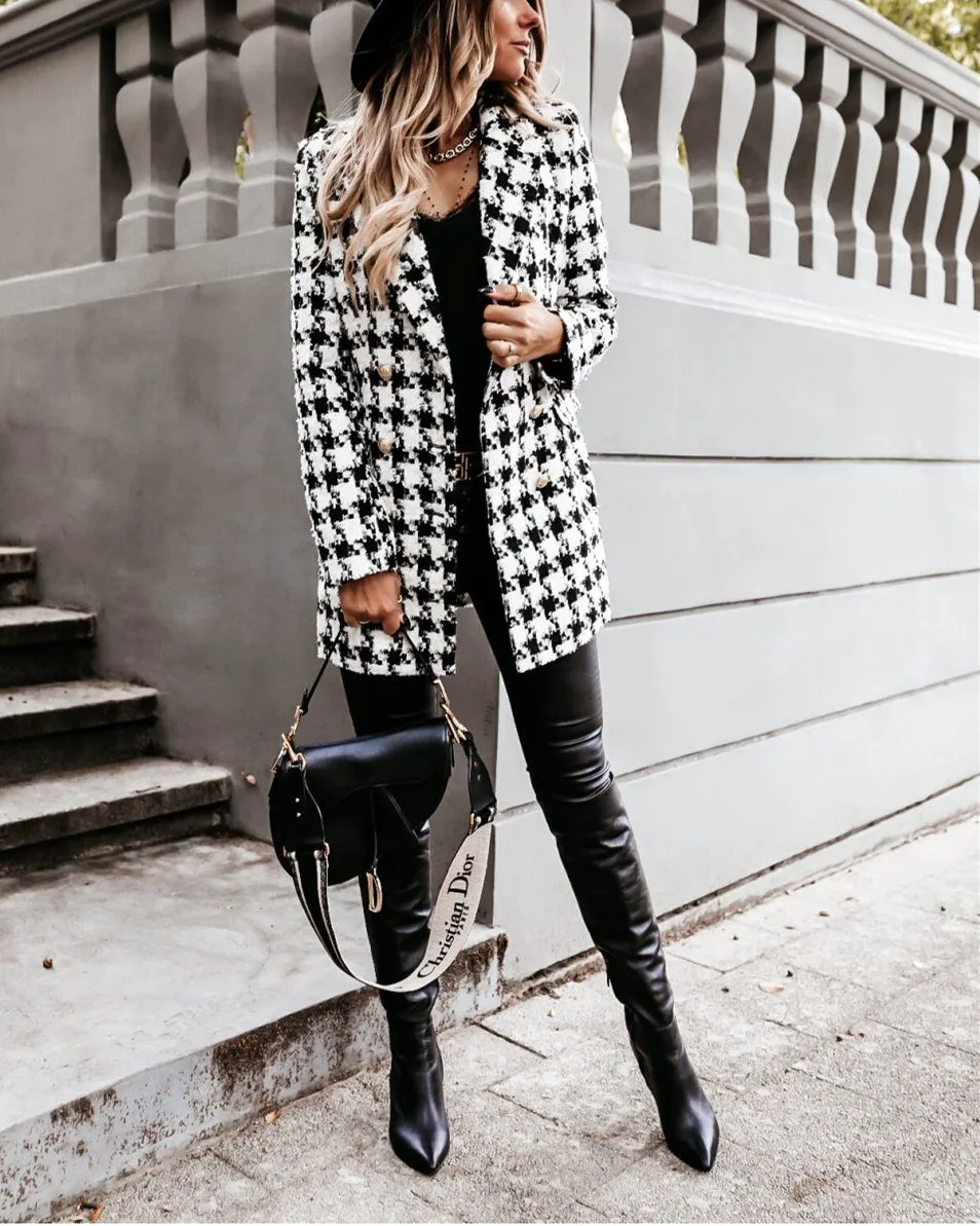 Want To See You Vancouver Houndstooth Woolen Coat - White/Black