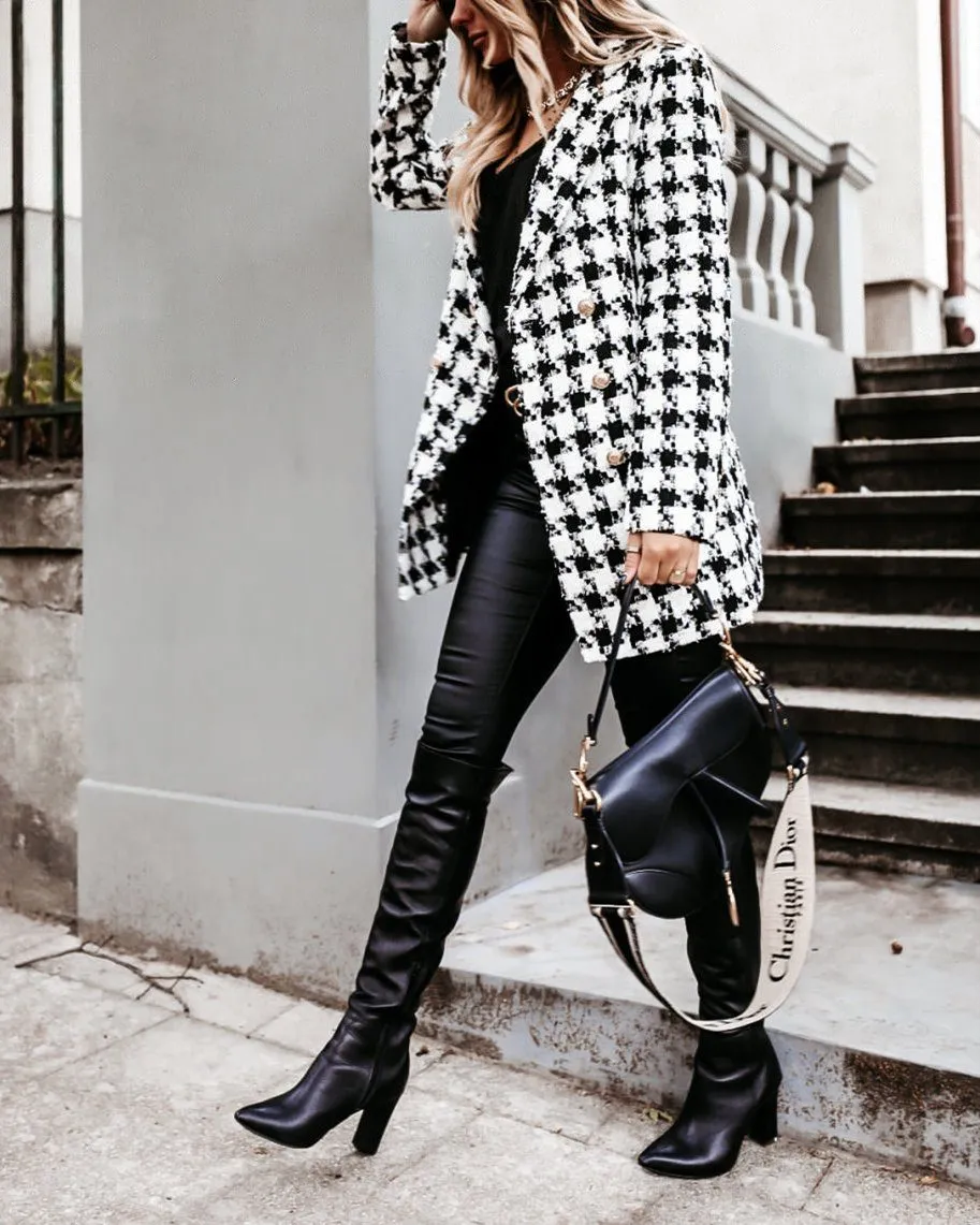 Want To See You Vancouver Houndstooth Woolen Coat - White/Black