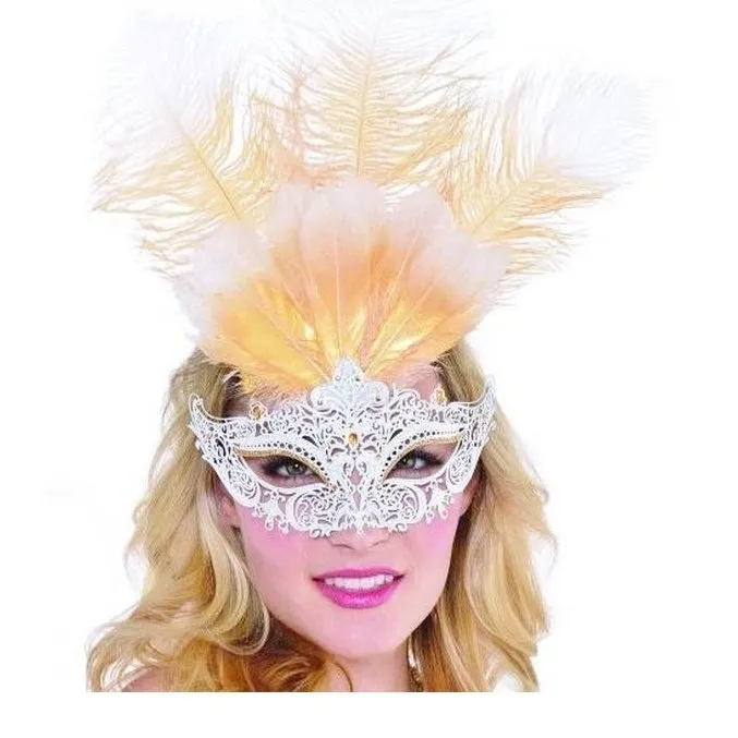 White & Gold Filigree Eye Mask With Feathers