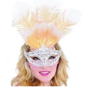 White & Gold Filigree Eye Mask With Feathers