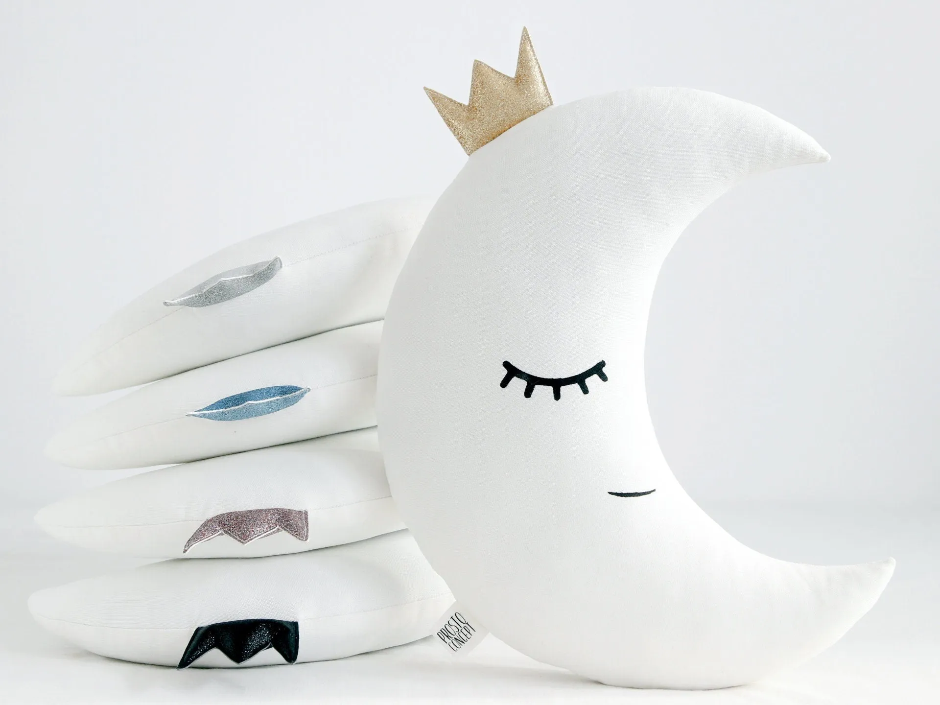 White Crescent Moon Pillow with Crown or Star