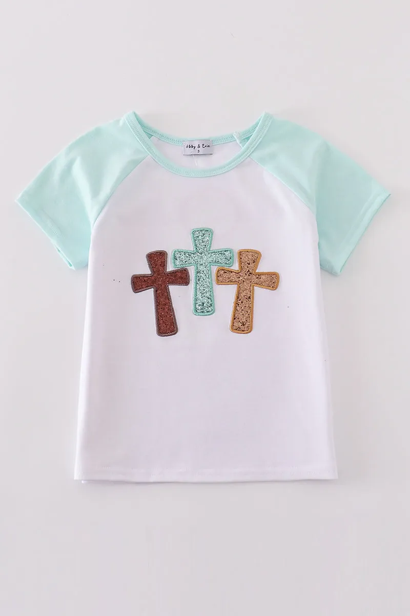 White Cross He Is Risen Glitter Embroidery Mom&me Top