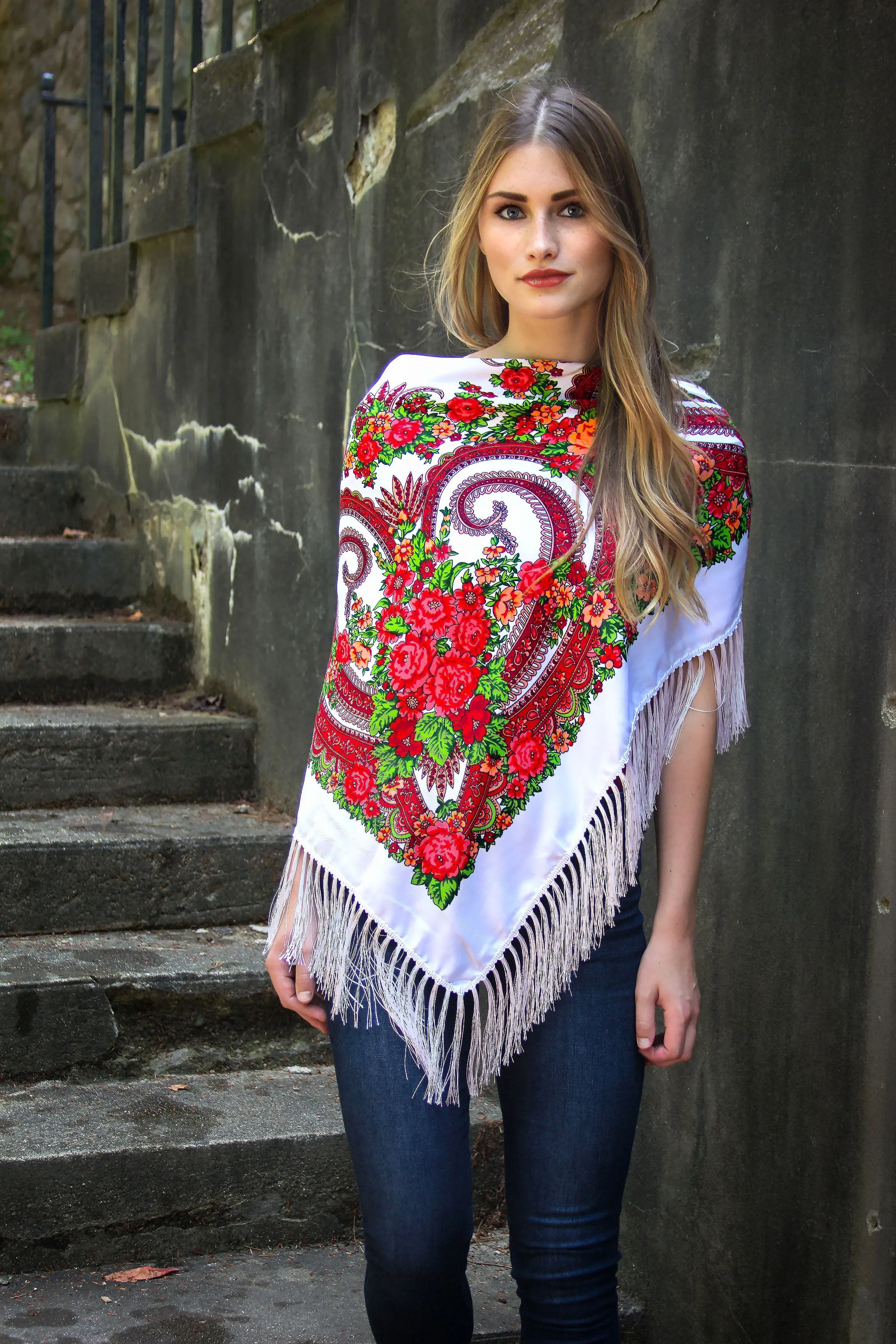White Square Slavic Folk Scarf