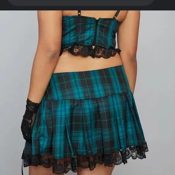 Widow X Dolls Kill Green Plaid Charm School Dropout Lace Trim Mini Skirt NWT 3X