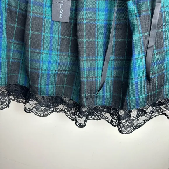 Widow X Dolls Kill Green Plaid Charm School Dropout Lace Trim Mini Skirt NWT 3X