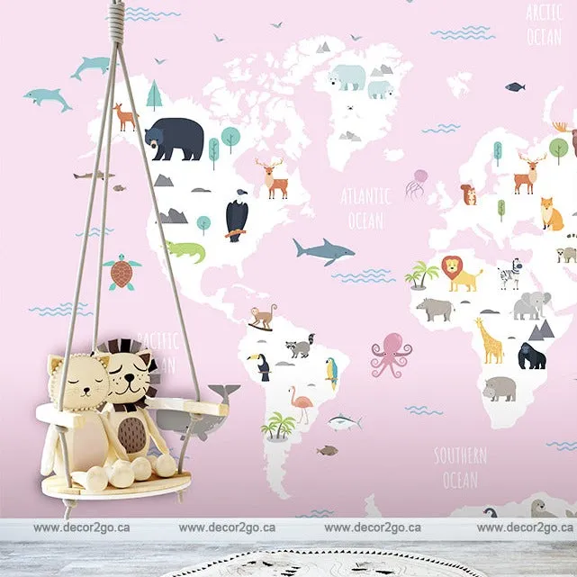 World Map with Wild Animals Pink Wallpaper Mural
