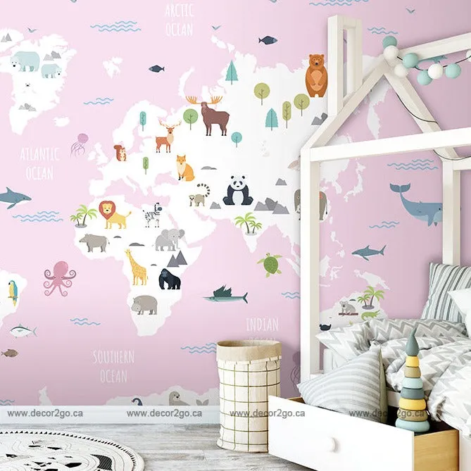World Map with Wild Animals Pink Wallpaper Mural