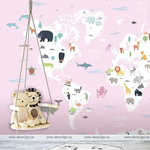World Map with Wild Animals Pink Wallpaper Mural