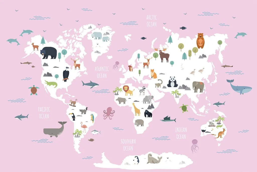 World Map with Wild Animals Pink Wallpaper Mural