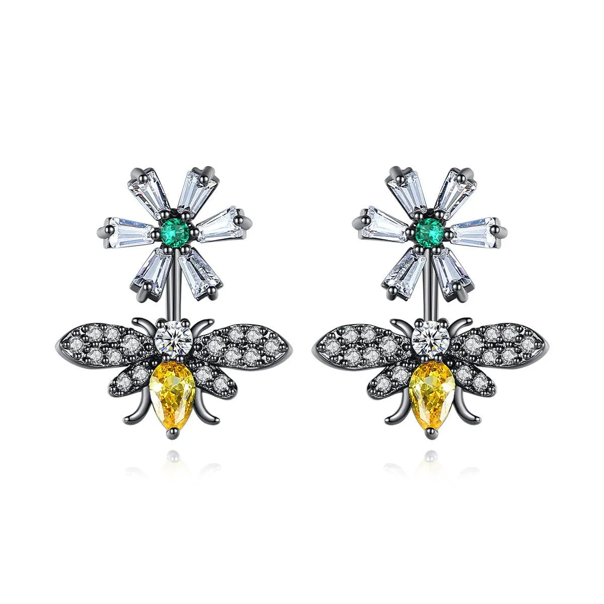 Yellow Crystal & Clear Cubic Zirconia Flower Bee Drop Earrings