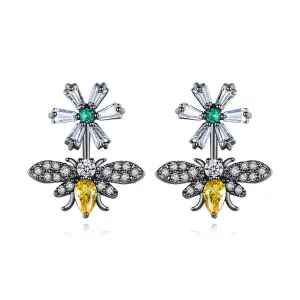 Yellow Crystal & Clear Cubic Zirconia Flower Bee Drop Earrings