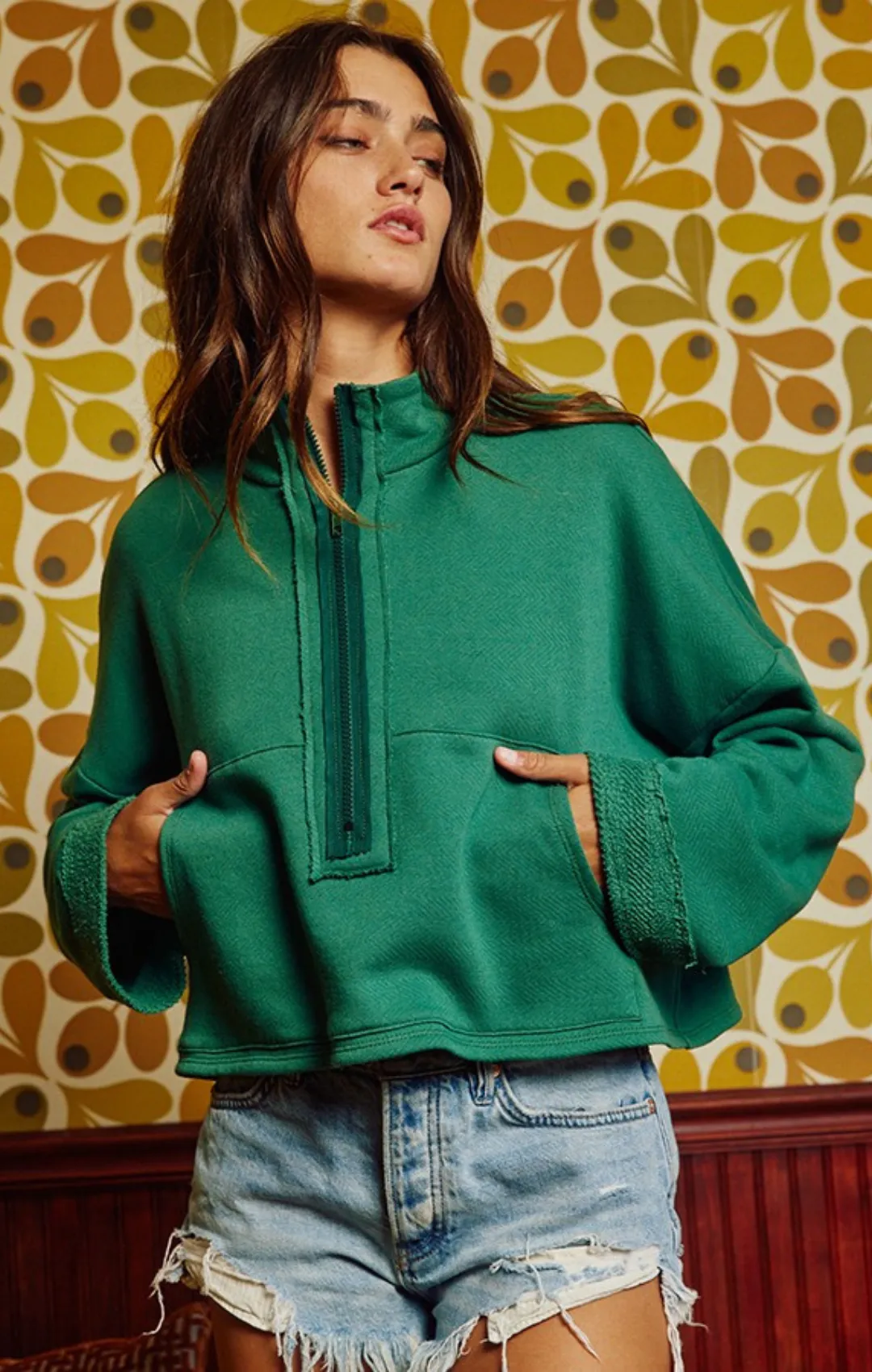 Zip-up Solid Knit Crop Sweatshirt